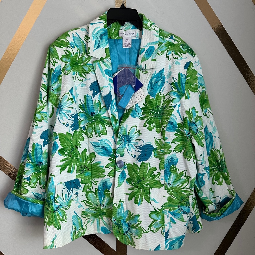 Susan Graver white blue green floral blazer jacket with shoulder pads button up